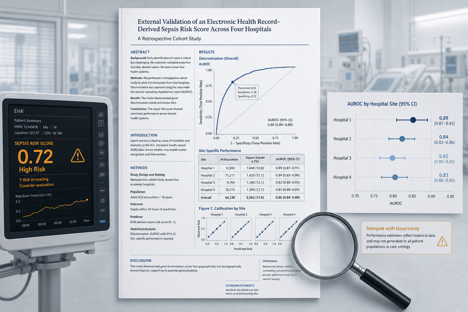 Editorial illustration showing a stylized academic manuscript with AUROC curve overlay, a magnifying glass, institutional variability dot plot, and an EHR sepsis alert screen in amber