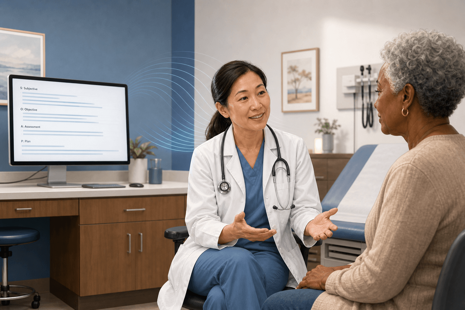 Physician in relaxed conversation with a patient in a modern outpatient exam room, with a clinical workstation in the background displaying a SOAP-format note auto-populating in real time.
