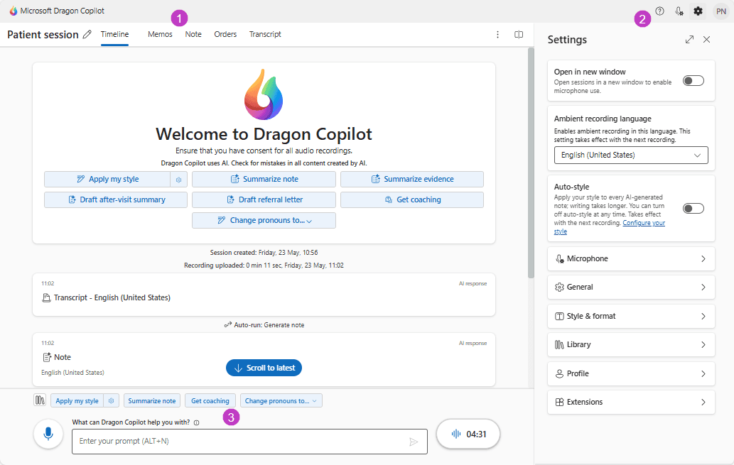 Screenshot of the Dragon Copilot interface embedded within the Epic EHR environment, showing the Dragon Copilot panel alongside the Epic patient chart timeline.