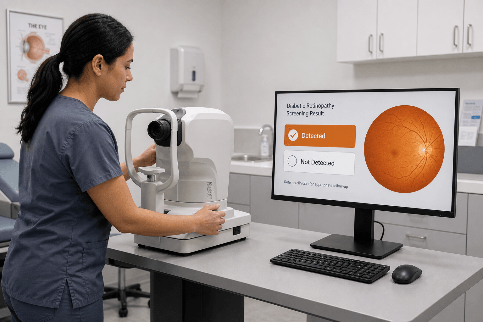 A staff member in scrubs operates a non-mydriatic fundus camera in a primary care examination room, with a monitor displaying a binary diagnostic result panel.