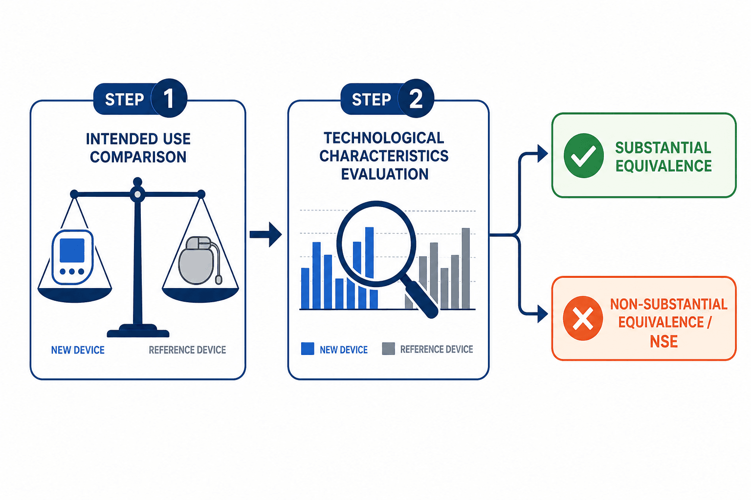 Two-step FDA SE determination decision tree: Step 1 compares intended use with a balance scale, Step 2 evaluates technological characteristics with a magnifying glass over bar charts, leading to either a green Substantial Equivalence or amber NSE outcome.