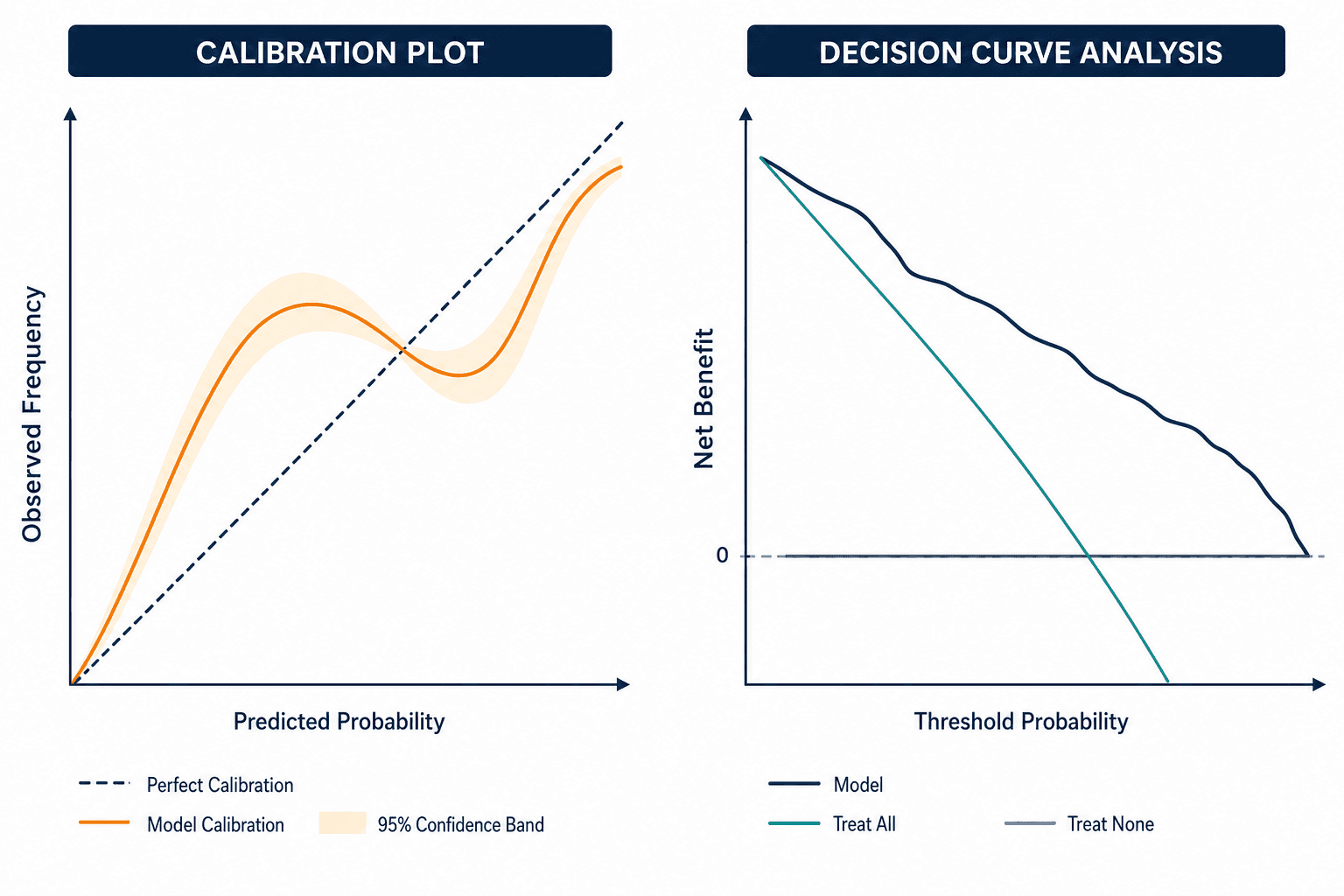 Side-by-side plots: a calibration plot showing an S-shaped model curve against the diagonal reference line on the left, and a decision curve analysis plot with model, treat-all, and treat-none curves on the right.