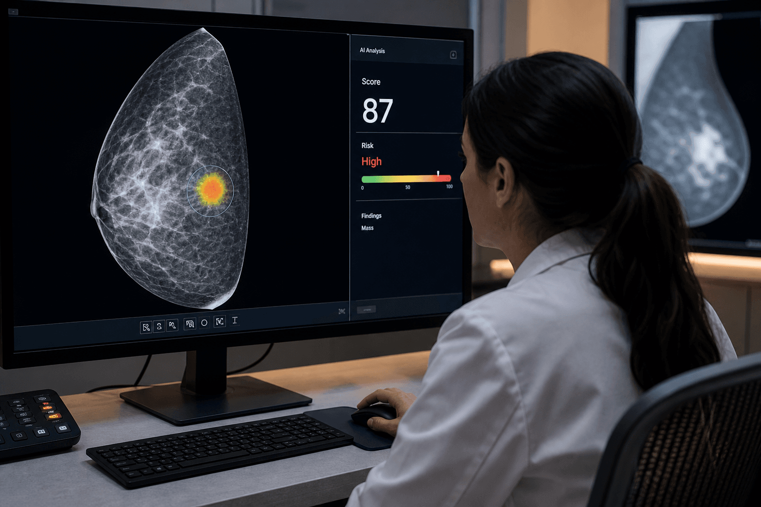 A radiologist at a PACS workstation reviewing a mammogram with an AI heatmap overlay and abnormality score panel visible.