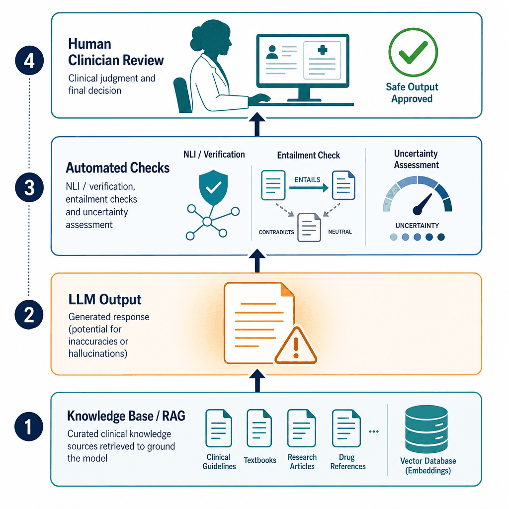 Vertical layered pipeline diagram showing a four-tier clinical AI safety stack: RAG and knowledge sources at the base, LLM output layer above with a warning glow, automated checks layer with verification icons, and a human clinician review layer at the top with a green checkmark.
