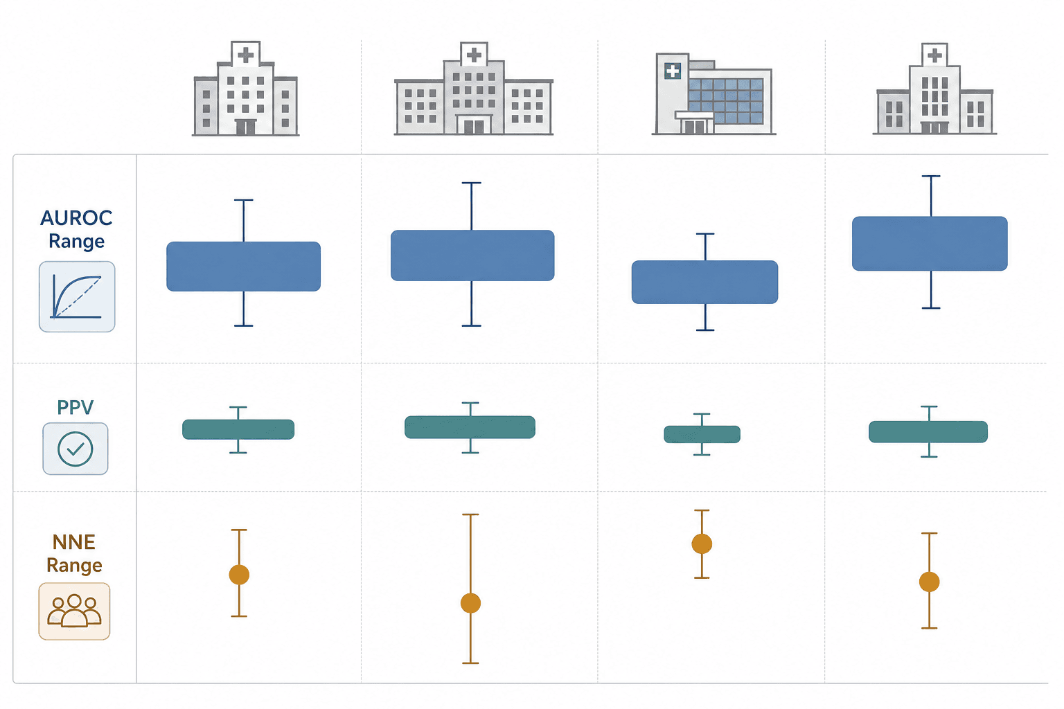 Four-column academic-style data comparison panel showing AUROC, PPV, and NNE ranges across four hospital sites with varying bar heights and abstract hospital silhouettes