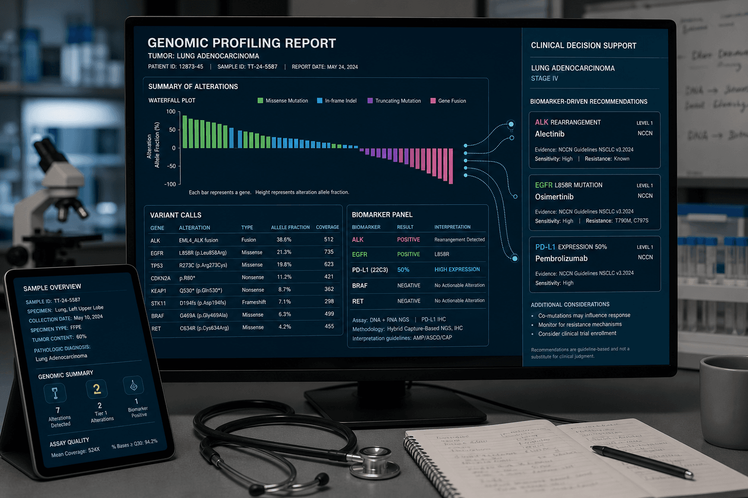 Clinical oncology workstation displaying a genomic profiling report with a waterfall plot of gene alterations and a biomarker panel showing ALK, EGFR, PD-L1, BRAF, and RET.