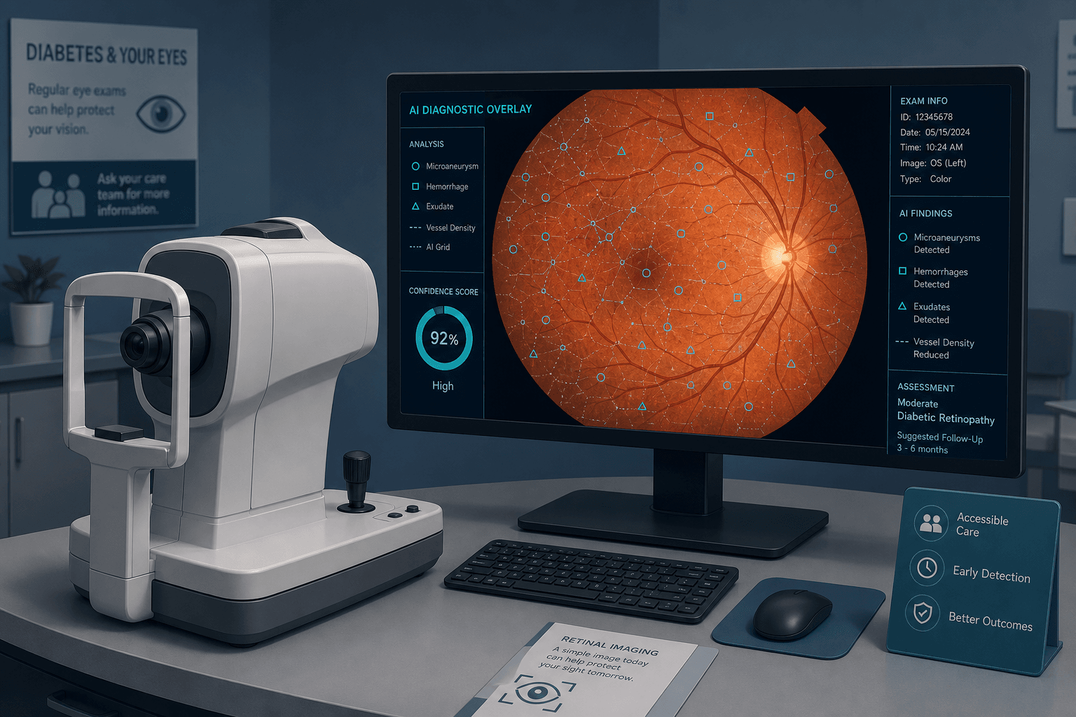 Stylized medical illustration of a non-mydriatic fundus camera at a primary care workstation with an AI diagnostic overlay on a retinal fundus image