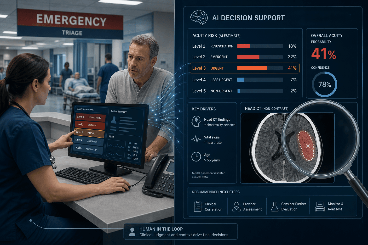 Split-panel illustration showing a nurse at an ED triage desk reviewing a patient monitor on the left, and a digital AI decision-support interface displaying risk probability bars and a brain CT scan with detection overlay on the right, connected by a data-flow layer.