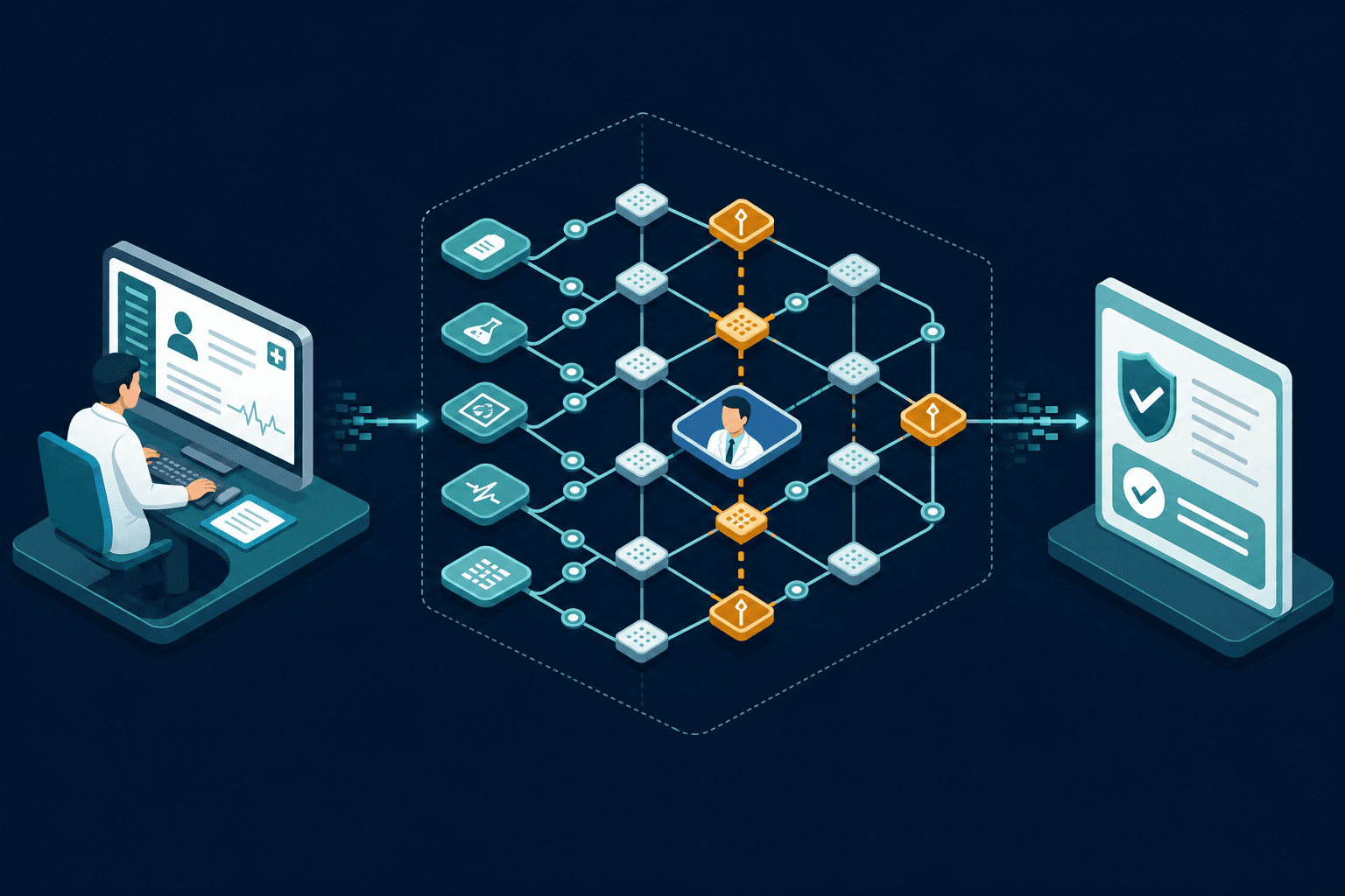 Isometric workflow diagram showing a prior authorization request flowing from a provider workstation through an AI processing layer with a physician review node to a health plan approval output.