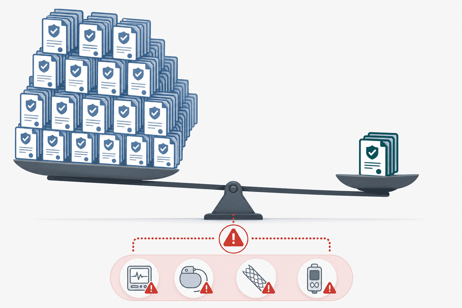 A tilted balance beam with a heavy stack of FDA authorization documents on the left outweighing a small stack of clinical evidence on the right, with recall alert icons below