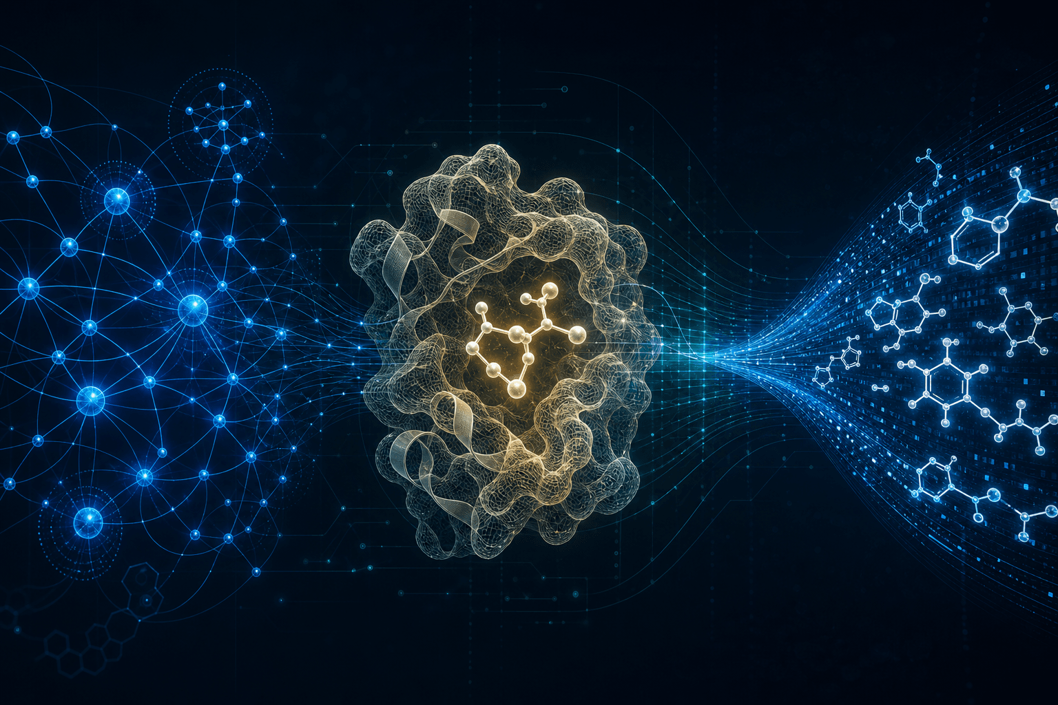 Three-zone editorial illustration showing AI drug discovery pipeline stages: a biological knowledge graph on the left, a protein-ligand binding structure at center, and generative chemical structures on the right.
