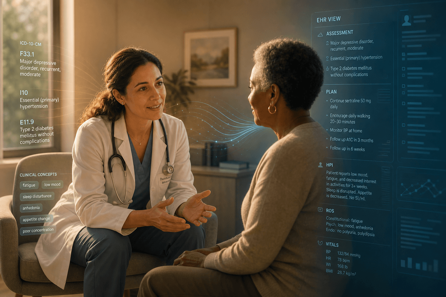 A physician in warm light engaged with a patient while semi-transparent clinical text elements drift toward a faint data interface in the background.