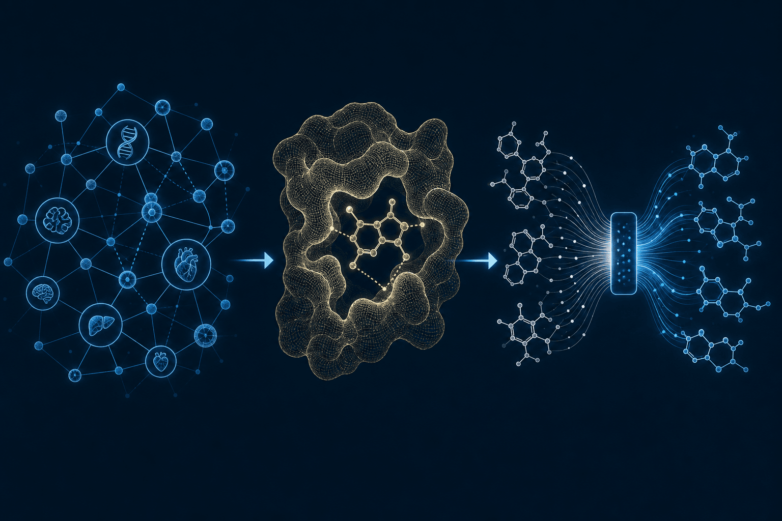 Three sequential AI drug discovery pipeline stages: a knowledge graph on the left, a protein binding-site structure at center, and generative chemical structures on the right, connected by directional arrows.