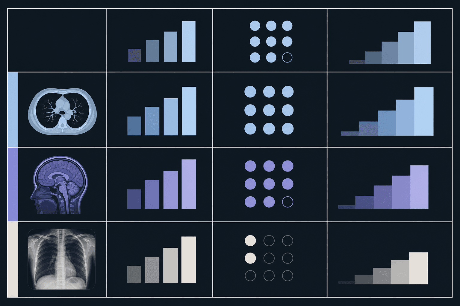 A minimalist clinical evidence-quality matrix with three rows for CT, MRI, and chest X-ray modalities, showing abstract geometric representations of evidence dimensions including study design quality, multicenter status, and outcome level