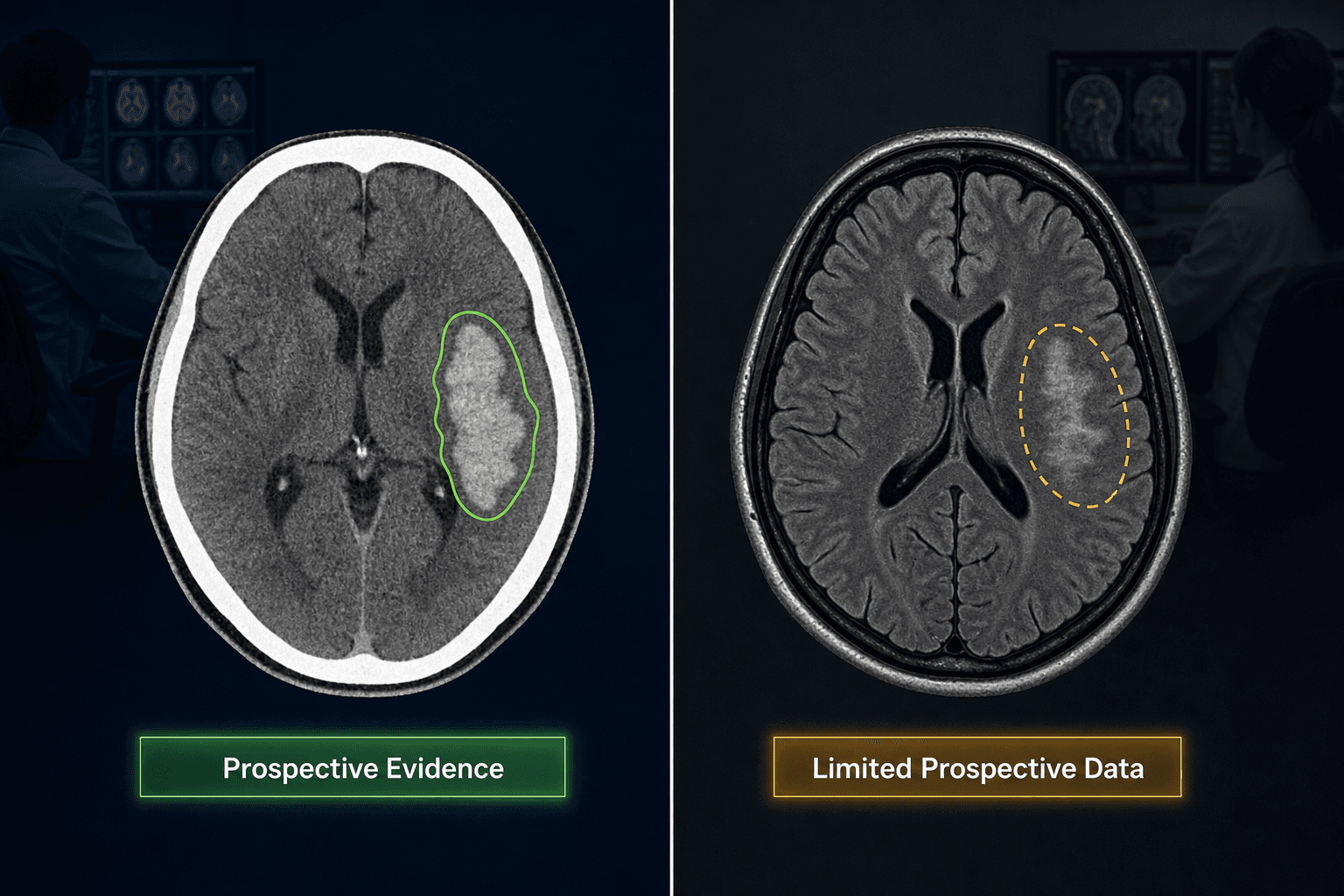 Split-panel comparison showing a head CT with green prospective evidence indicator on the left and a brain MRI with amber limited prospective data indicator on the right.