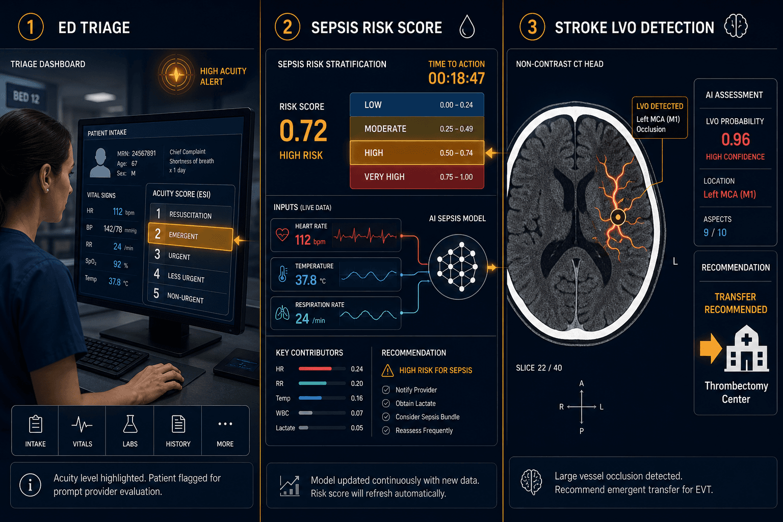 Triptych clinical illustration showing three emergency medicine AI domains: triage workstation with acuity overlay, EHR sepsis risk stratification interface with four risk bands, and CT brain scan with LVO detection contour and transfer recommendation panel.