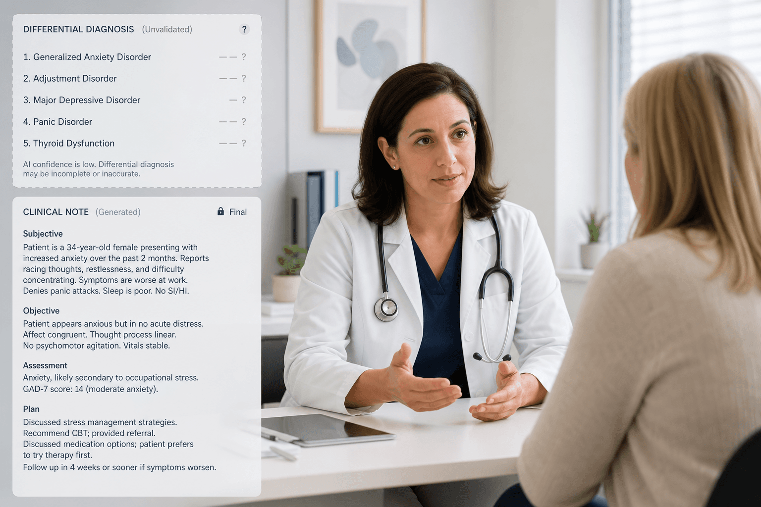 A clinician in face-to-face consultation with a patient, with a background panel showing two interface layers: completed documentation text below and an unresolved differential diagnosis list above.