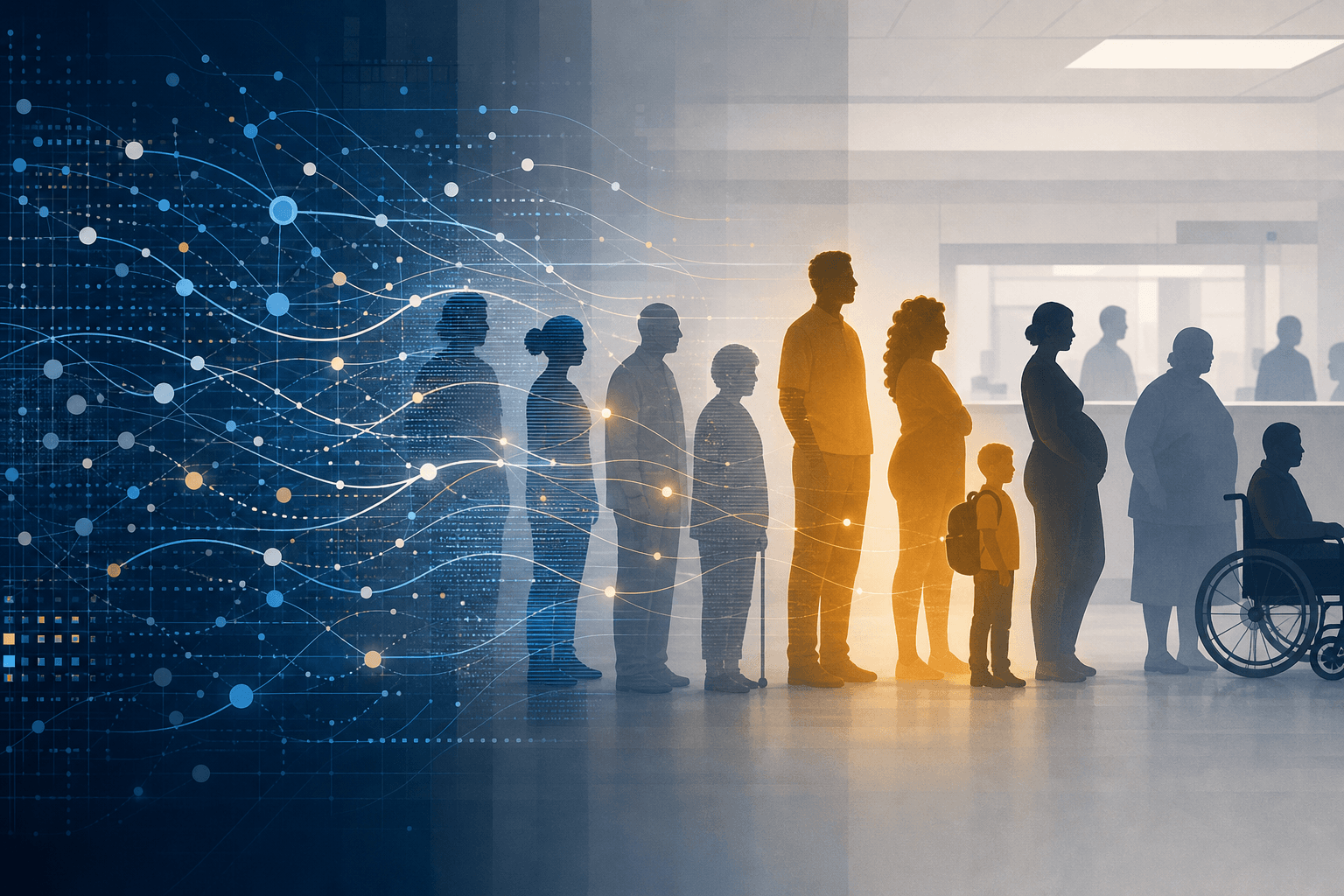 Split editorial illustration showing neural network data flow intersecting with silhouettes of diverse ED patients, some illuminated in amber and others dimmer, conveying unequal algorithmic visibility across demographic groups.
