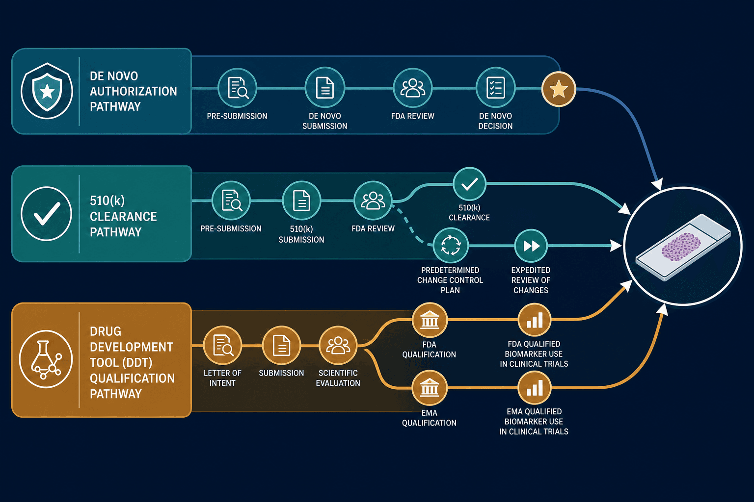 Flat-design diagram showing three horizontal regulatory pathway lanes: De Novo authorization, 510(k) with PCCP, and Drug Development Tool qualification, each with distinct milestone markers converging on a central tissue slide icon.