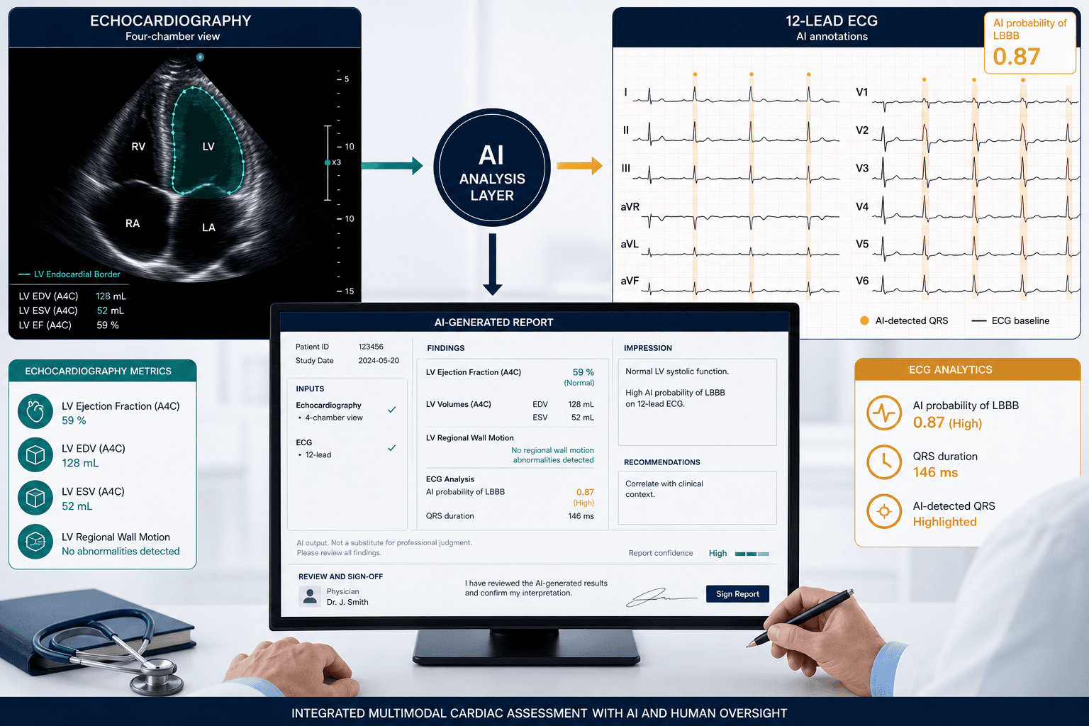 Clinical illustration showing AI analysis of echocardiography and ECG data side by side, with a physician reviewing a structured AI-generated report at a workstation.