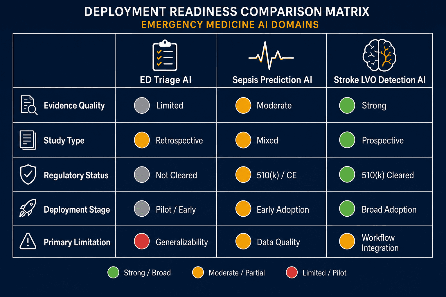 Deployment readiness comparison matrix with three columns for ED Triage AI, Sepsis Prediction AI, and Stroke LVO Detection AI, evaluated across five rows: Evidence Quality, Study Type, Regulatory Status, Deployment Stage, and Primary Limitation, with color-coded status badges.