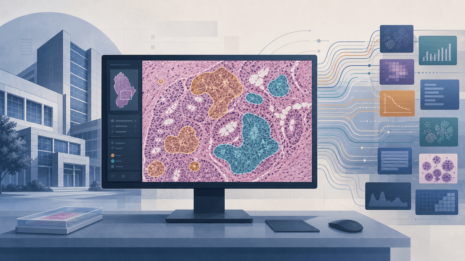Clinical workstation displaying a digitized H&E-stained whole-slide tissue image with amber and teal AI detection overlays, flanked by an institutional building silhouette on the left and abstract data flow panels on the right.