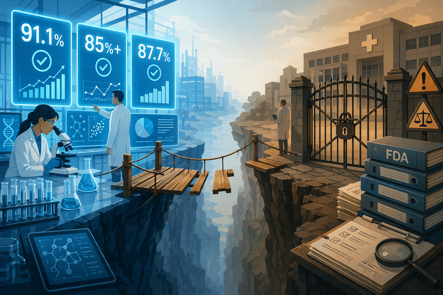 Conceptual illustration showing a bright blue research lab with benchmark scoreboards on the left and a muted amber hospital scene with a locked FDA gate on the right, with a partially built bridge missing planks between the two sides.