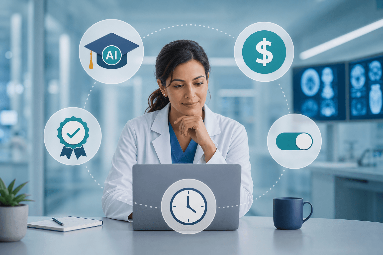 A healthcare professional in a white coat sits at a desk with a laptop, surrounded by floating minimalist icons including a graduation cap with an AI symbol, dollar sign, CME badge, no-code toggle switch, and clock icon, with a subtle hospital background featuring diagnostic screens in soft focus, all in blue/teal academic tones.