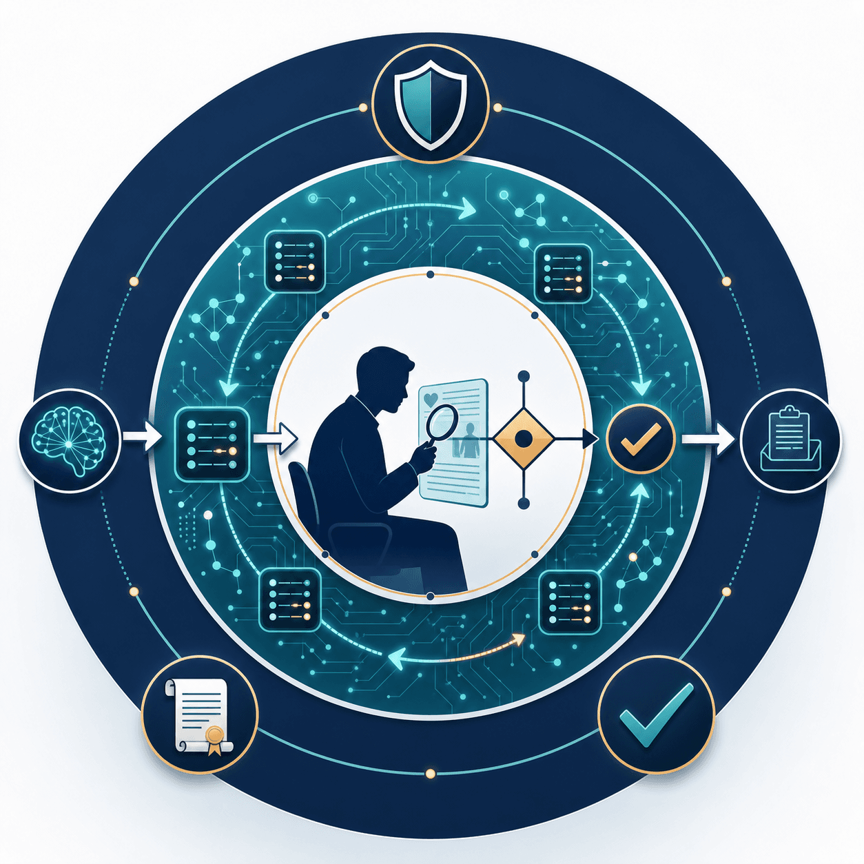 Three-layer concentric diagram showing a human-in-the-loop compliance framework: outer ring with shield, document, and checkmark icons; middle ring with glowing circuit patterns and data flow arrows between code nodes; center ring with a human reviewer silhouette examining information with a magnifying glass and a decision gate symbol.