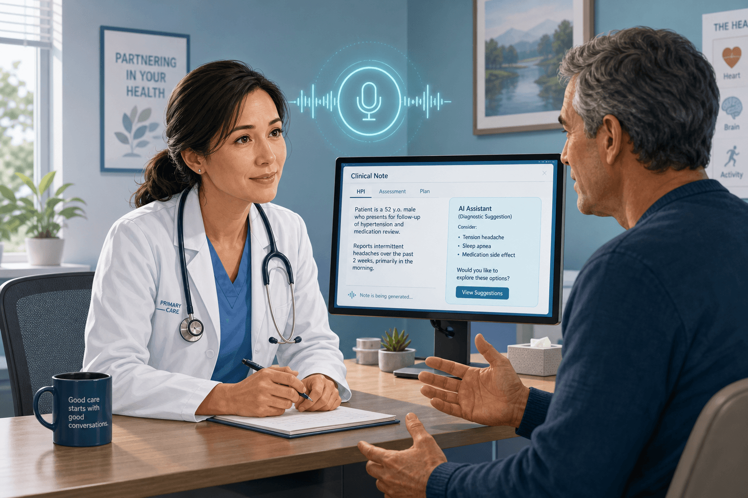 A primary care physician seated in a warm clinical exam room, attentively consulting with a middle-aged patient. A subtle cyan waveform icon in the background suggests an ambient AI scribe capturing the conversation.
