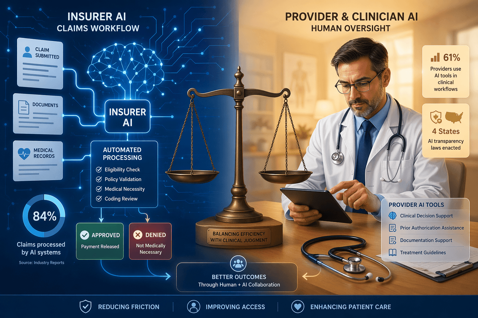 Split-screen editorial illustration with glowing blue circuit and neural motifs on the left representing insurer AI systems processing documents toward approvals and denials, and a physician in a white coat reviewing a tablet with a stethoscope on the right representing human clinical oversight, with a balanced scale centered between the two sides and small floating tag labels showing 84%, 61%, and 4 States