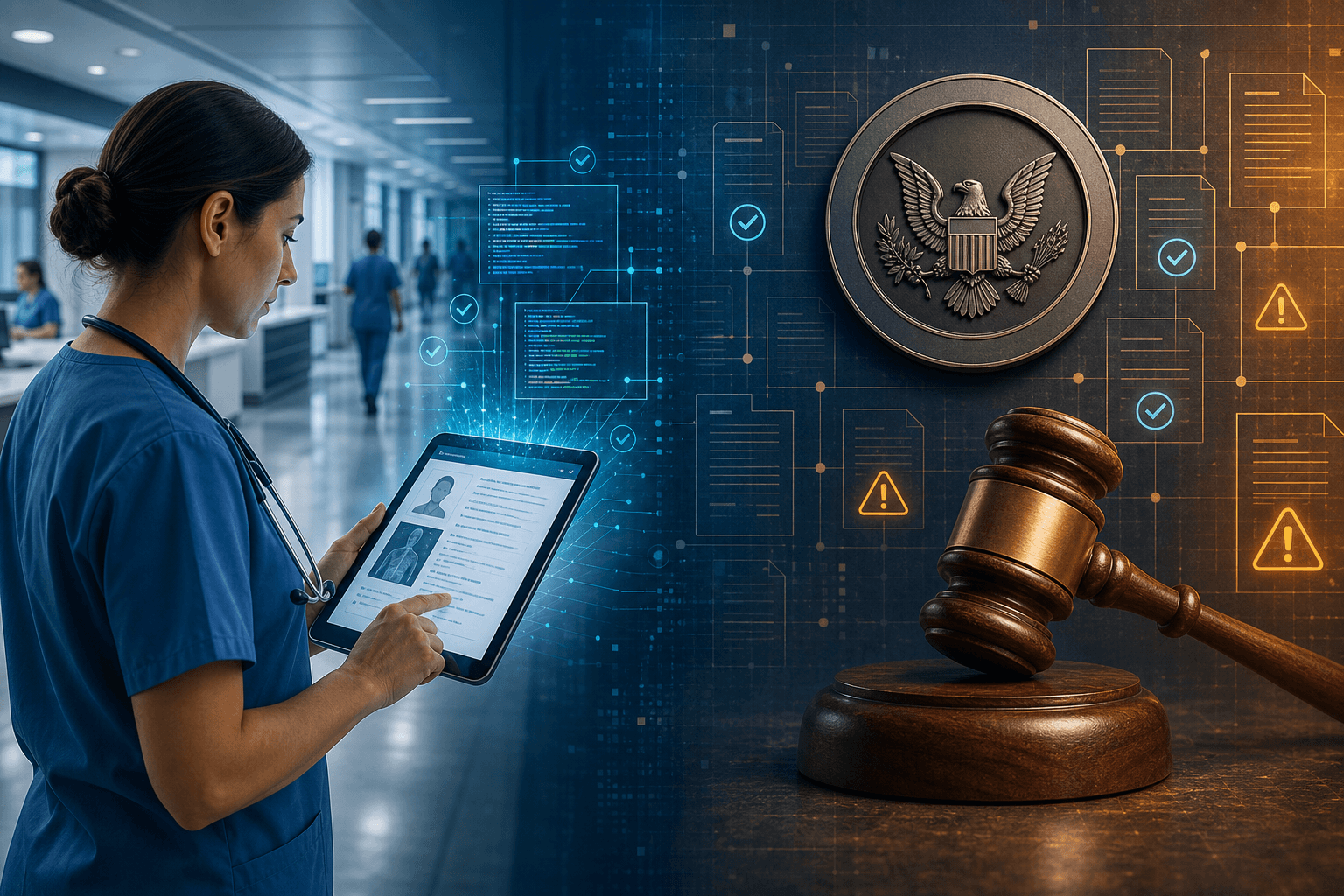Split editorial illustration: left half shows a clinician in a hospital setting reviewing a tablet with glowing AI-suggested medical code overlays; right half shows a government seal, wooden gavel, compliance checkmarks, and amber warning indicators, with the background transitioning from a hospital corridor into a document-grid pattern of claims and audit trails.