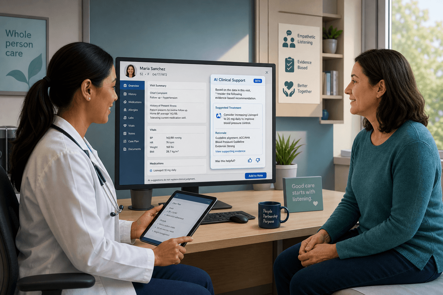 A primary care clinician in a modern exam room with a patient seated nearby, consulting a tablet and a computer screen showing a subtle clinical decision support interface overlay.