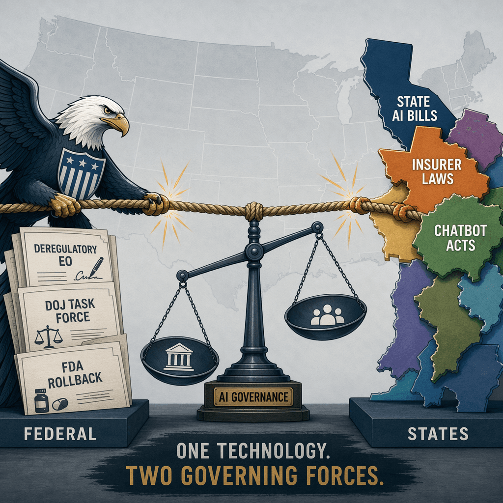 A tug-of-war between a federal eagle symbol and multiple state-shaped pieces, representing the federal-state tension over AI regulation in public health.