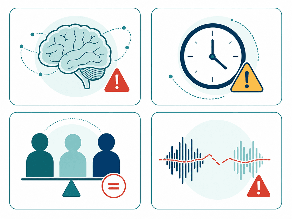A four-panel barrier diagram illustrating clinical AI failure modes: a brain icon with a warning badge for hallucination rates and generative unpredictability, a clock icon with a caution symbol for latency and end-of-utterance detection issues, three human silhouette icons in varying shades for bias across demographic groups, and a broken sound wave for audio quality degradation.
