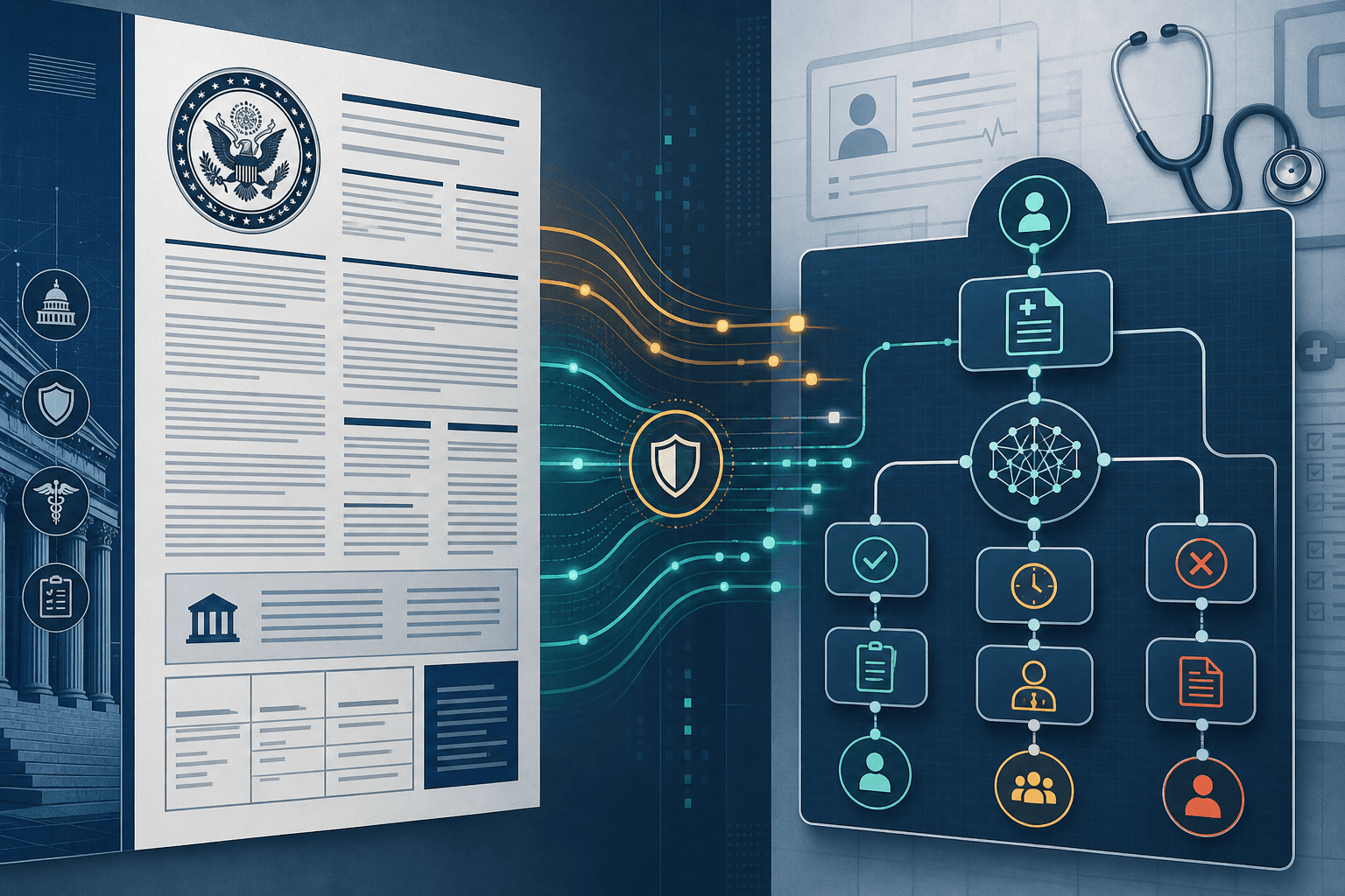 Split editorial illustration showing a federal regulatory document on the left and an AI decision-flow diagram on the right, connected by amber and teal data-flow lines representing oversight between government regulation and algorithmic clinical decision-making.
