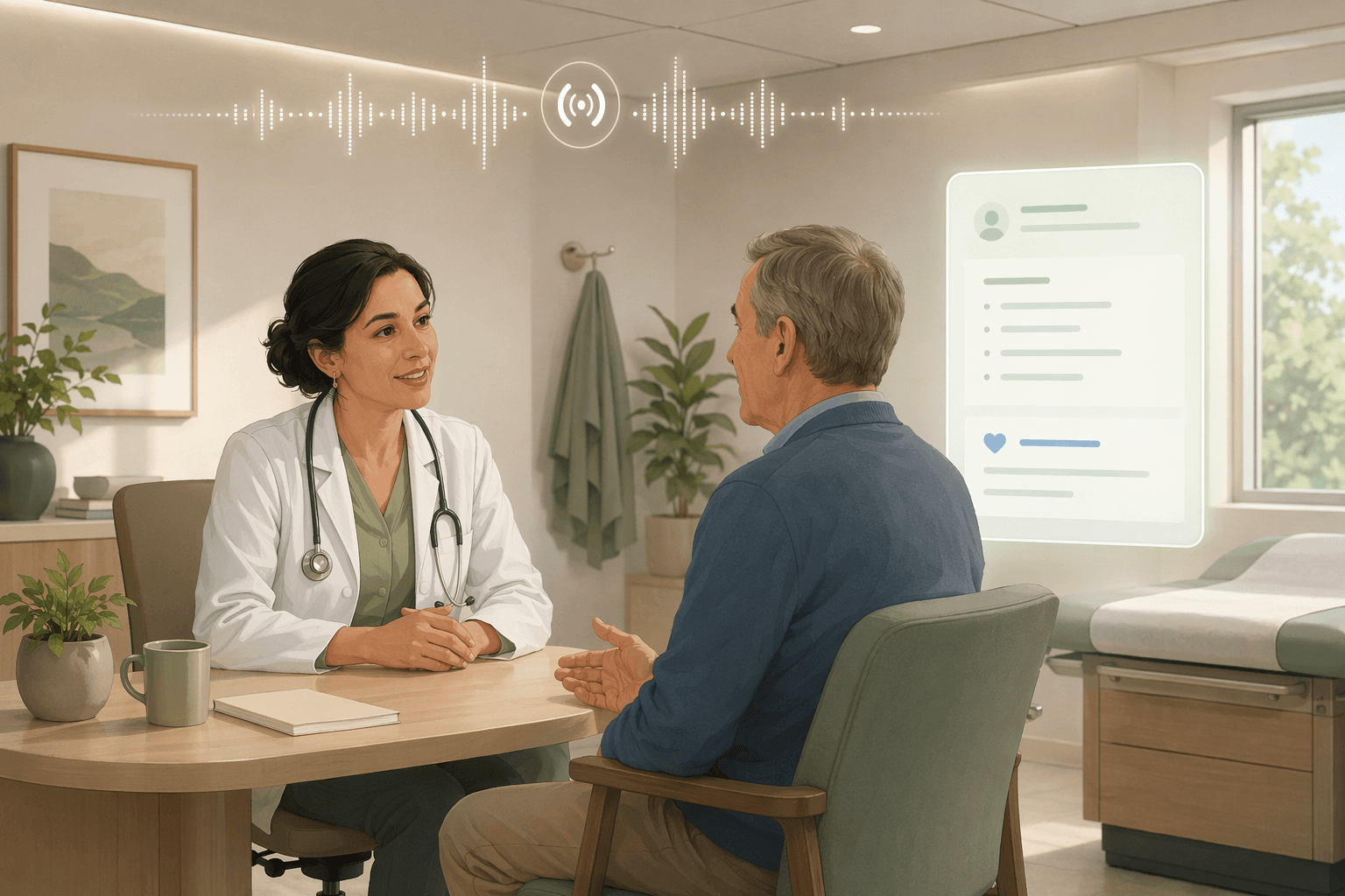 A conceptual editorial illustration of ambient clinical intelligence showing a clinician speaking naturally with a patient in a calm examination room, with subtle audio wave icons near the ceiling and a soft digital summary appearing as a side projection.