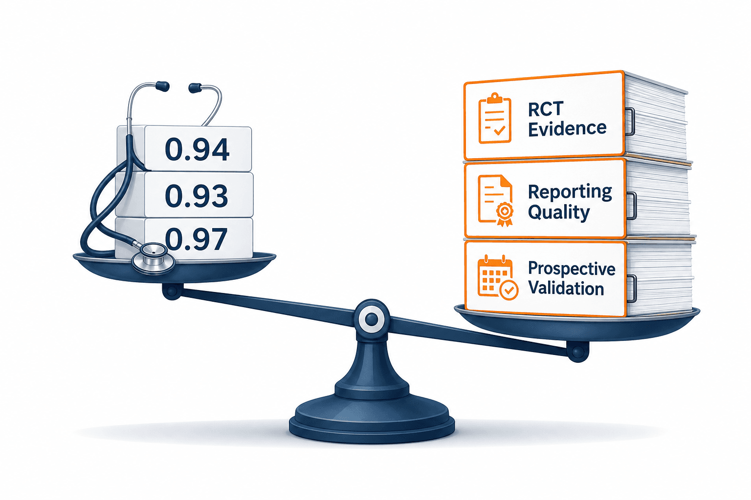 A balance scale tilted toward evidence documents, with high AUC numbers on the opposite side.