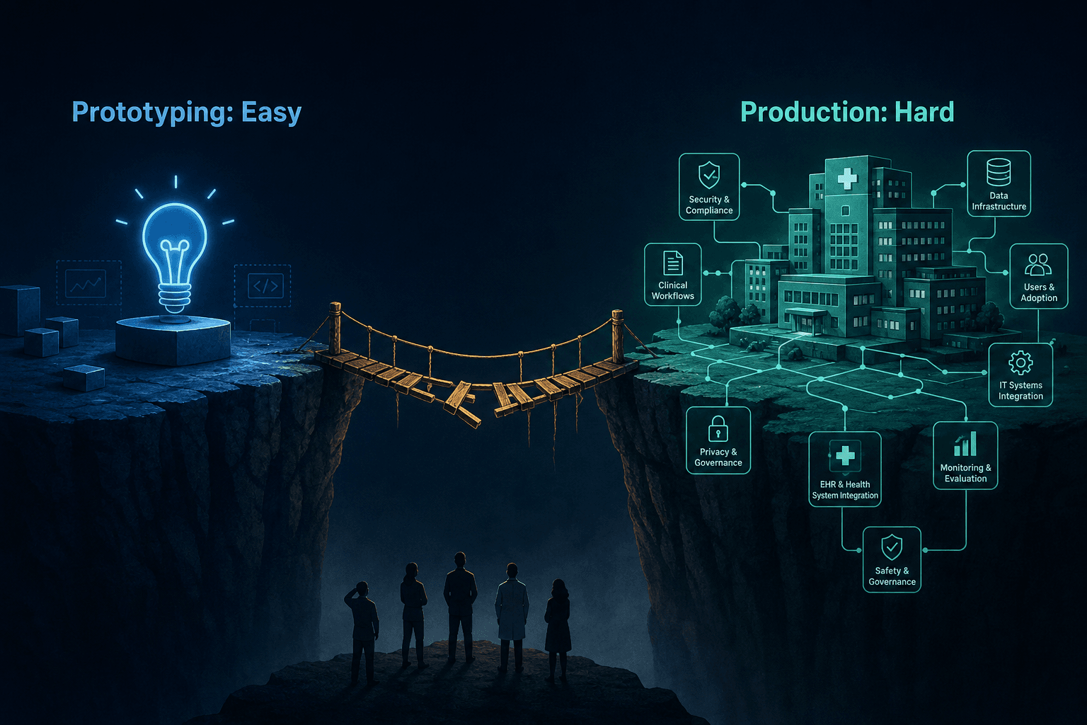 A conceptual editorial illustration showing a small lightbulb icon labeled 'Prototyping: Easy' on the left and a large complex health system infrastructure icon labeled 'Production: Hard' on the right, separated by a wide chasm with a small fragile bridge.
