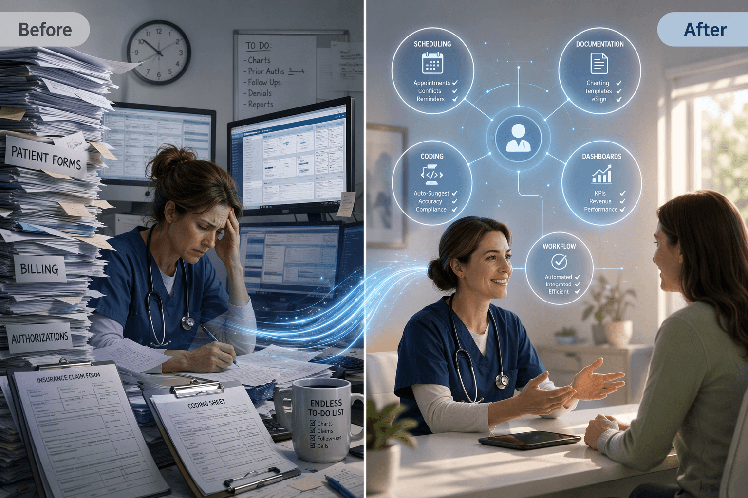 Split-screen editorial illustration showing a stressed clinician buried in paperwork on the left labeled 'Before', and the same clinician calmly sitting face-to-face with a patient on the right labeled 'After' with subtle glowing AI interface elements in the background.