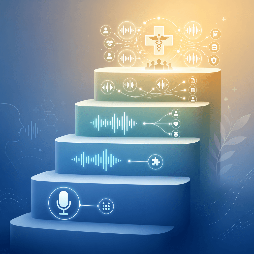A five-step ascending ladder illustration in gradient blue-to-gold colors, showing progressive levels of conversational AI implementation maturity in healthcare — from a single microphone and node at the bottom to fully connected waveforms and a medical cross symbol at the top, with each step adding more integration and data flow complexity.