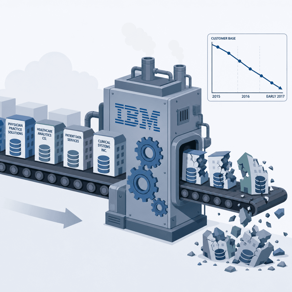 A conveyor belt pipeline editorial illustration showing small company icons with medical database symbols entering from the left into a large blue industrial machine with gears and IBM branding, then emerging on the right as broken fragmented pieces falling away. A small declining chart in the corner shows a 2-year timeline from 2015 to early 2017.