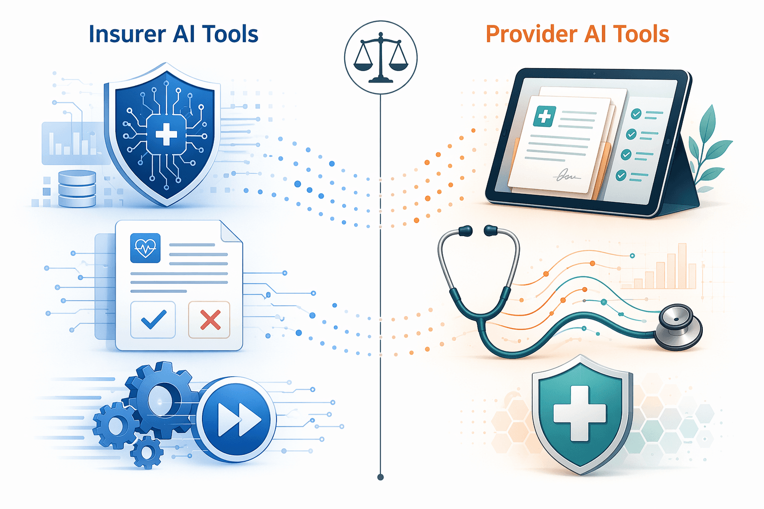 Two-sided vendor landscape editorial illustration showing Insurer AI Tools on the left with shield and circuit motifs and claims document icons, and Provider AI Tools on the right with physician tablet, stethoscope intertwined with data lines, and shield icons, divided by a vertical line with a small scale at top and subtle connecting dots between the two sides