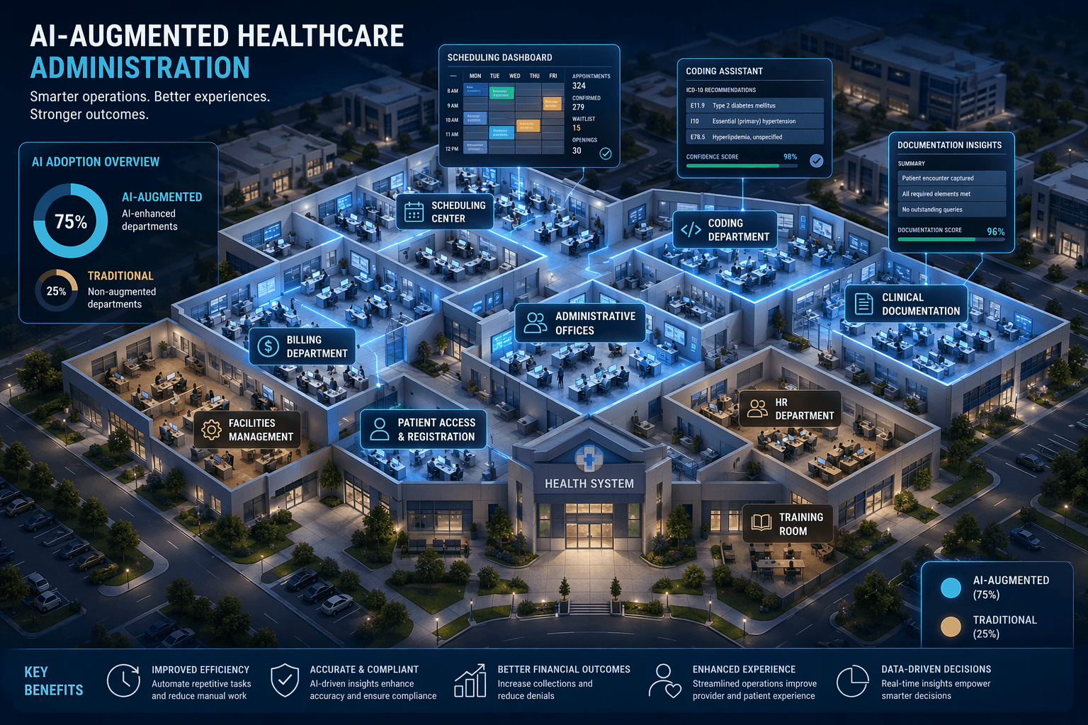 Isometric illustration of a hospital campus with about 75% of administrative departments highlighted by soft blue-green digital glows, representing AI adoption across documentation, billing, scheduling, and coding functions.