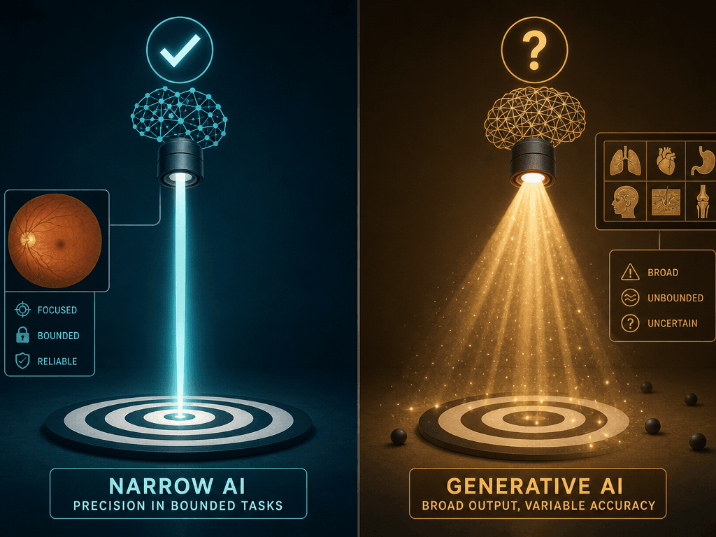Two-column comparison: a precise narrow beam of light hitting a target center on the left, representing narrow AI accuracy; a diffuse scattered light beam missing the target on the right, representing generative AI's lower diagnostic accuracy.