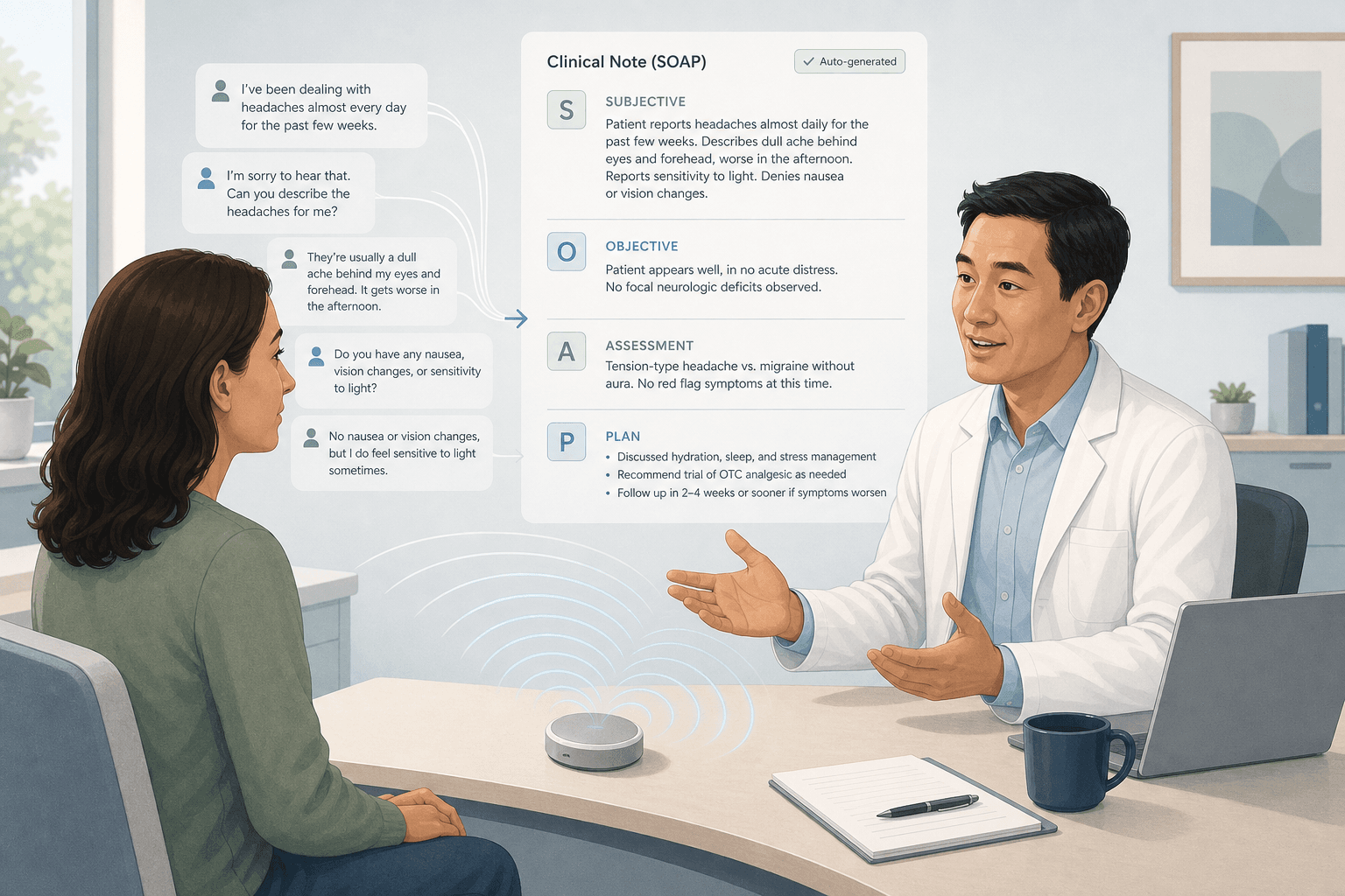 Editorial illustration of a physician and patient in a clinical consultation room with ambient AI audio capture represented by soft sound-wave arcs and structured clinical notes forming in the background.