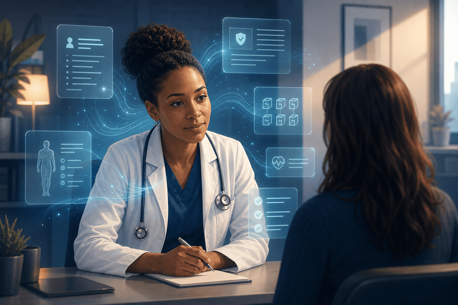 A clinician in a medical office with translucent holographic panels showing clinical notes, medical codes, and patient data being processed by ambient AI.