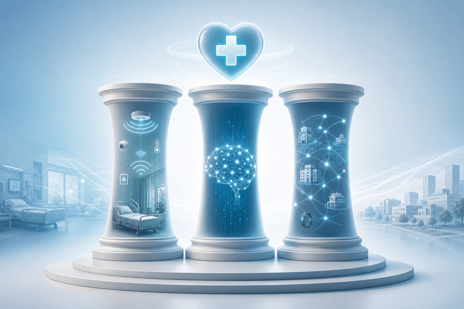 Three gently curved columns representing context-awareness, intelligence, and ubiquity supporting a floating healthcare symbol above them.