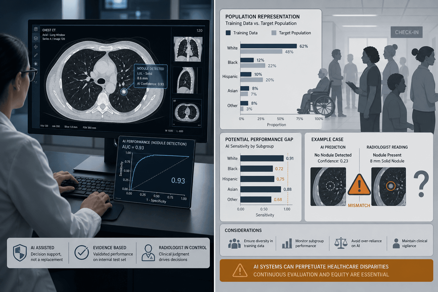 Split-composition medical illustration: left side shows a radiologist's workstation with a lung CT scan displaying AI annotation overlays in blue highlighting a pulmonary nodule, with an inset AUC curve graph; right side shows diverse patient silhouettes, demographic data bar charts, and an amber caution symbol over a diagnostic readout with a question mark.