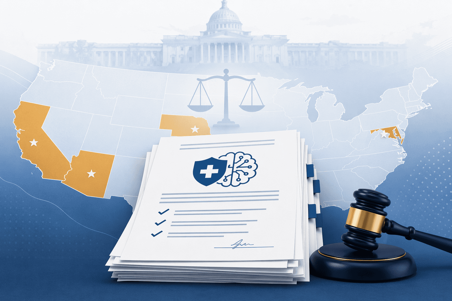 Editorial illustration of a stack of legal documents with a gavel beside them and a faint US map with several highlighted states marked by star icons in the background, with a scale symbol above and a subtle federal building silhouette in the upper background contrasting with the state map below